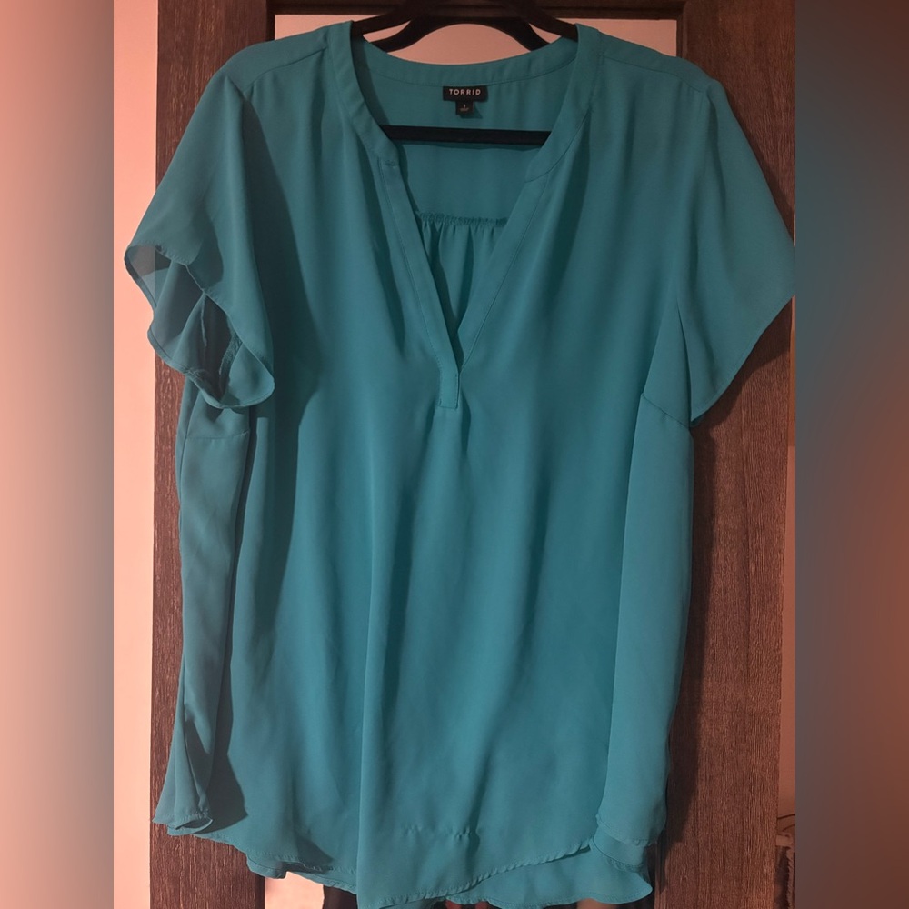 torrid Teal Flutter Sleeve Split-Neck Blouse